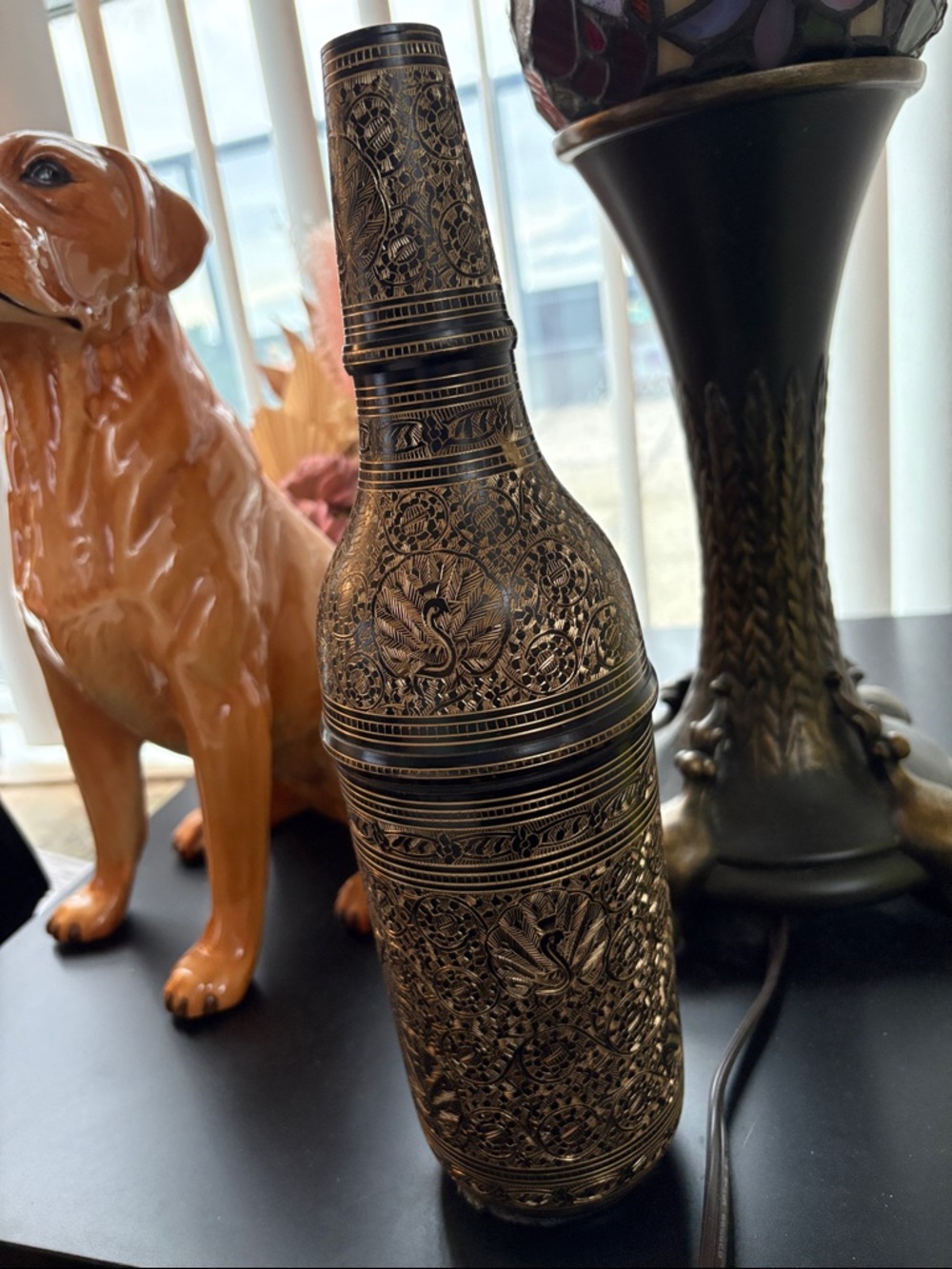 Vintage Ornate Hand Crafted Brass Etched Peacock And Floral Water Or Wine Bottle - Picture 2 of 10